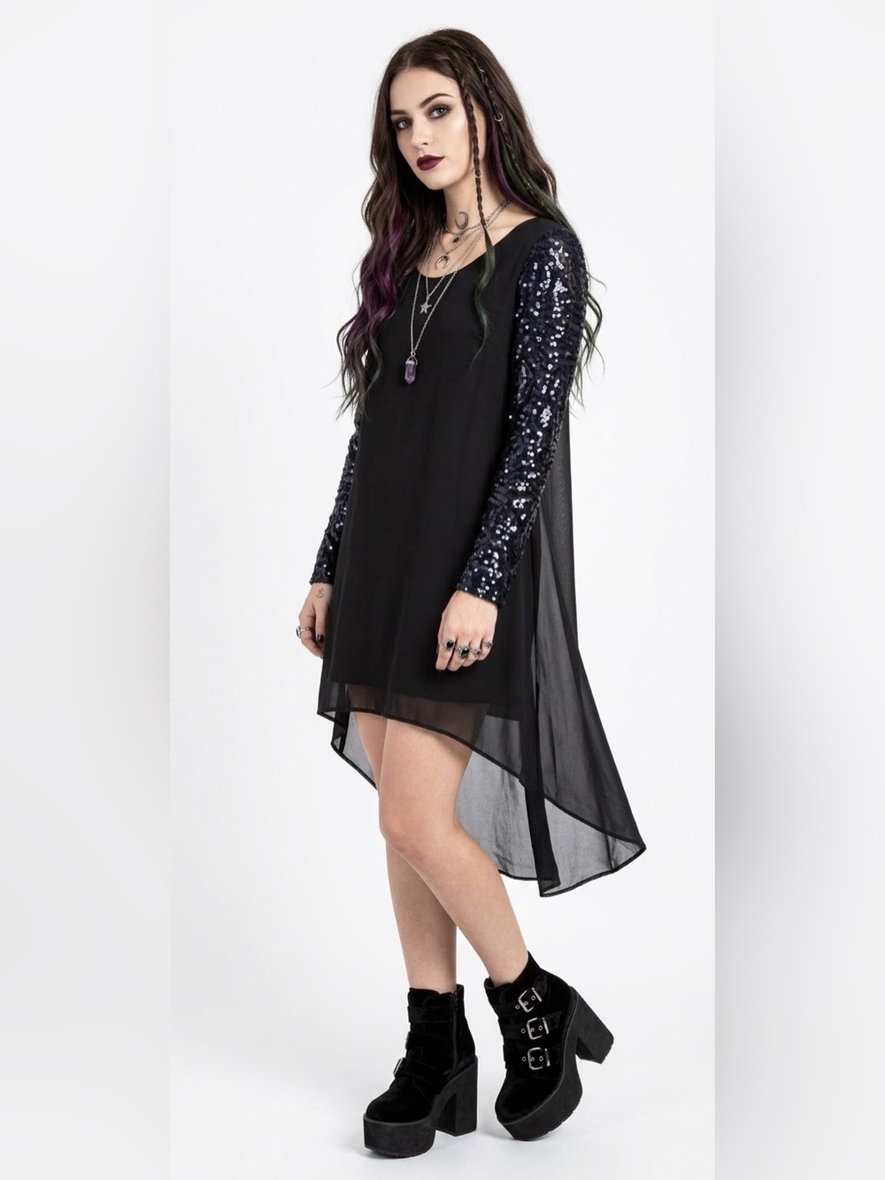 Whimsigoth Black Sequin Sleeve Midi Dress High Low Chiffon Witchy Bling Vampire